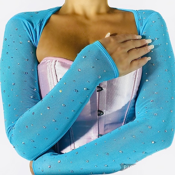 Blue Turquoise Rhinestone Crop Top Sleeves - Picture 2 of 7